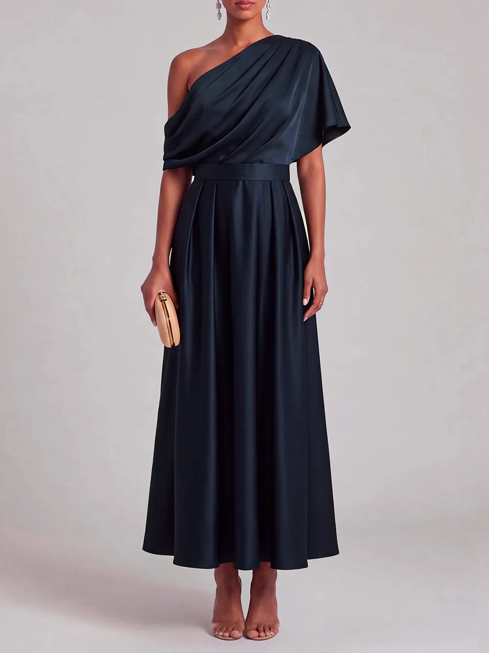 Navy Satin One Shoulder Draped Ruffle Belted A-Line Maxi Dress