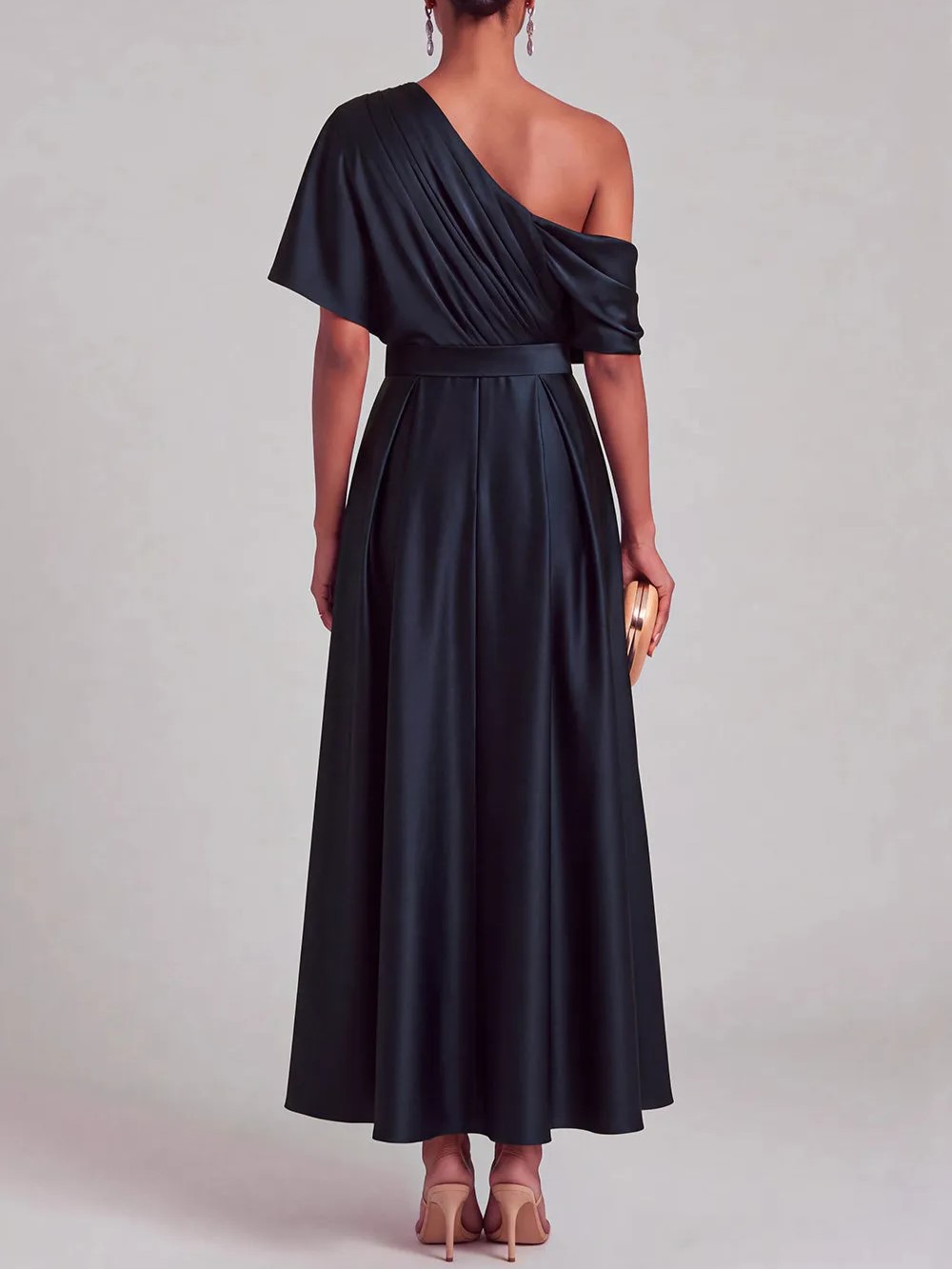 Navy Satin One Shoulder Draped Ruffle Belted A-Line Maxi Dress