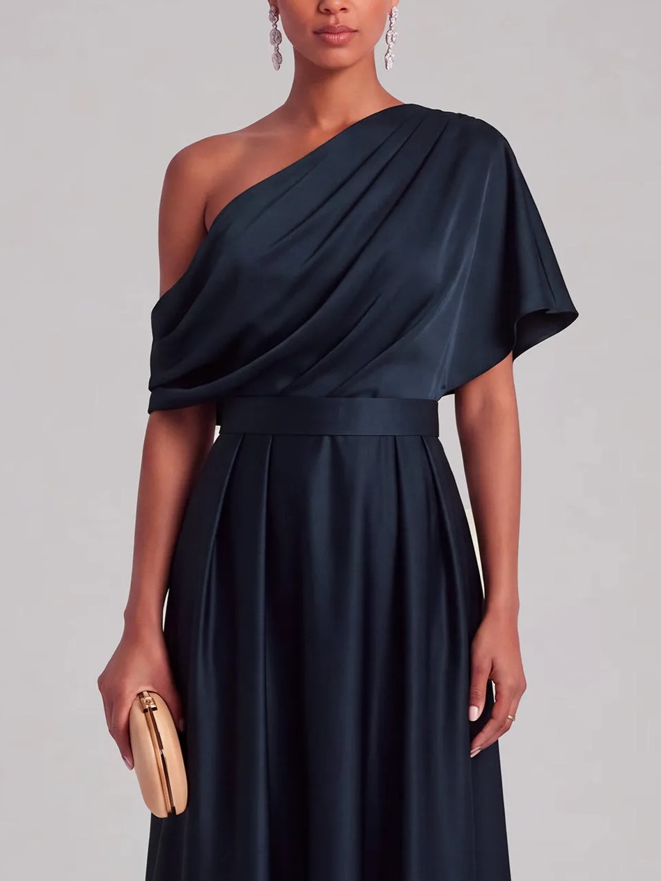 Navy Satin One Shoulder Draped Ruffle Belted A-Line Maxi Dress