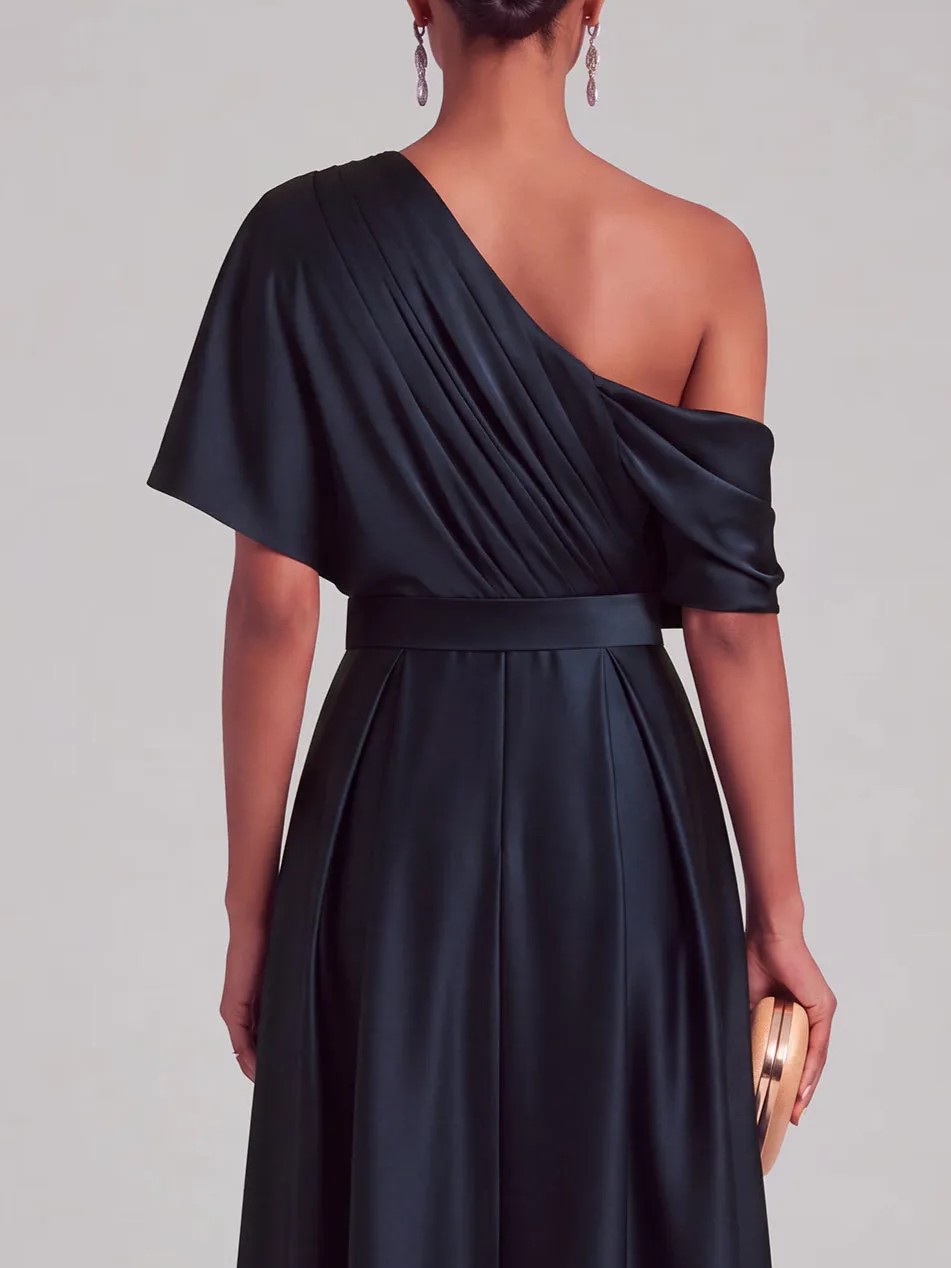Navy Satin One Shoulder Draped Ruffle Belted A-Line Maxi Dress