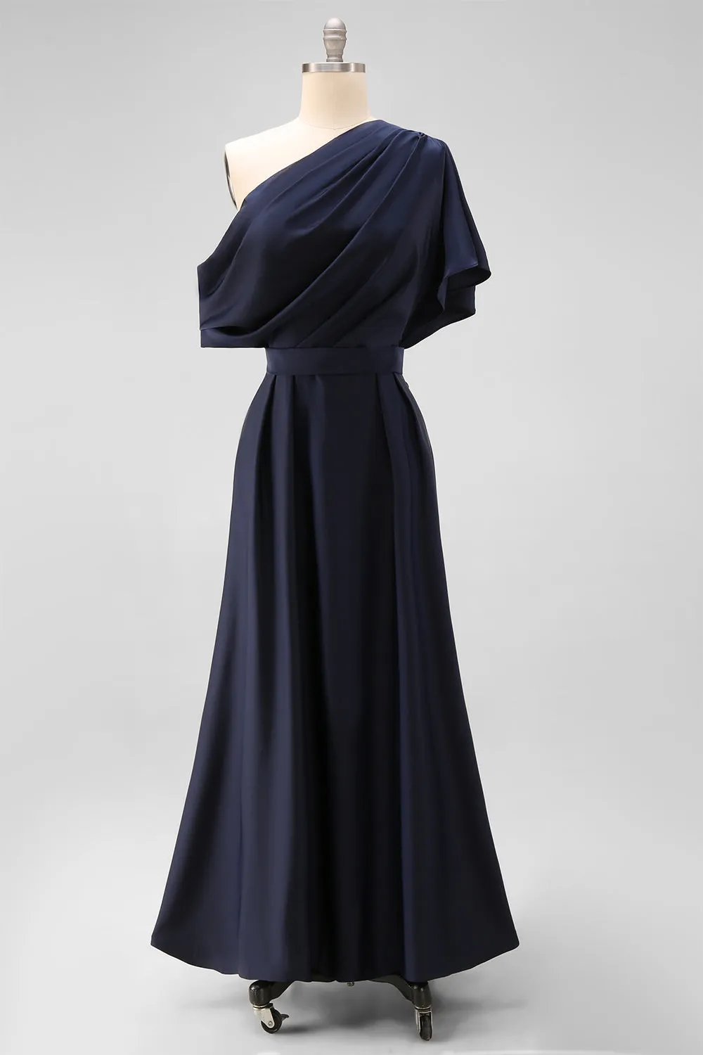 Navy Satin One Shoulder Draped Ruffle Belted A-Line Maxi Dress