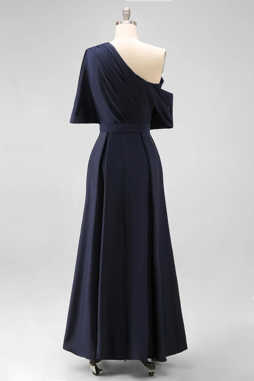 Navy Satin One Shoulder Draped Ruffle Belted A-Line Maxi Dress