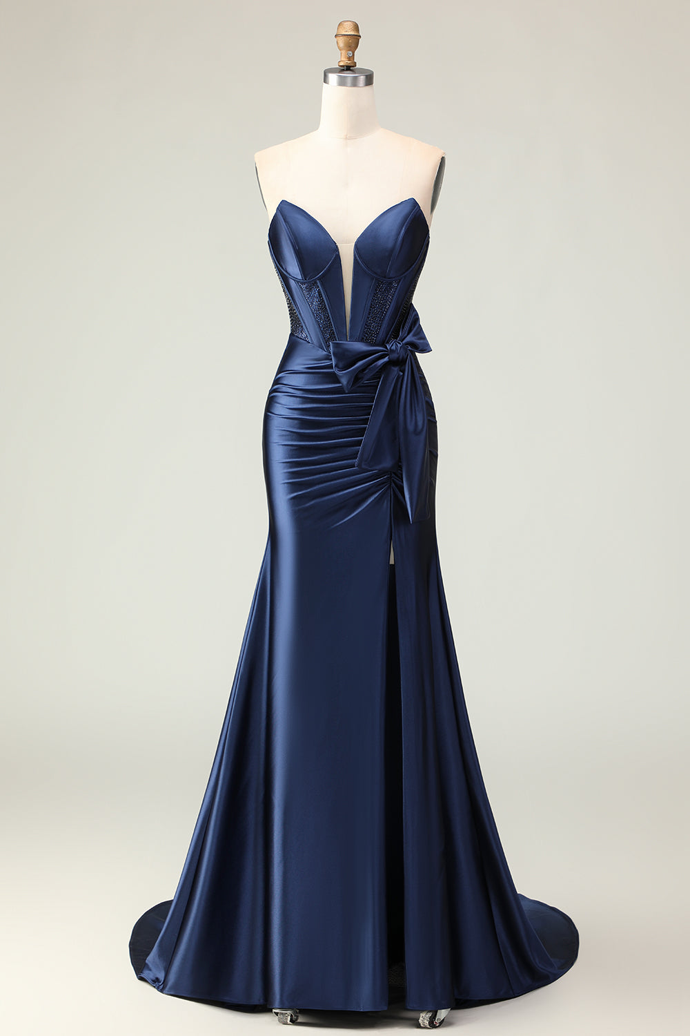 Navy Mermaid Satin Strapless Long Corset Prom Dress with Slit