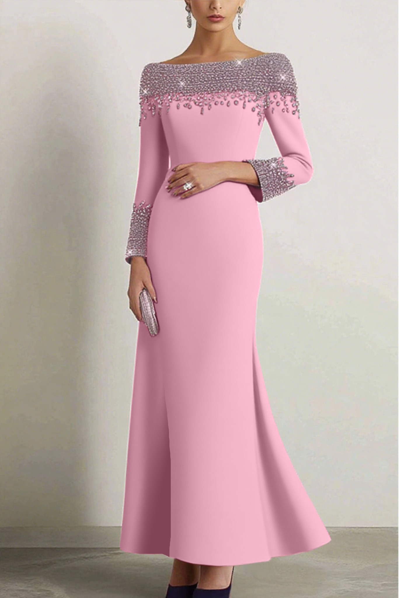 Elegant Dress Navy Boat Neck Rhinestone Maxi Dress Mother of the Bride Dress