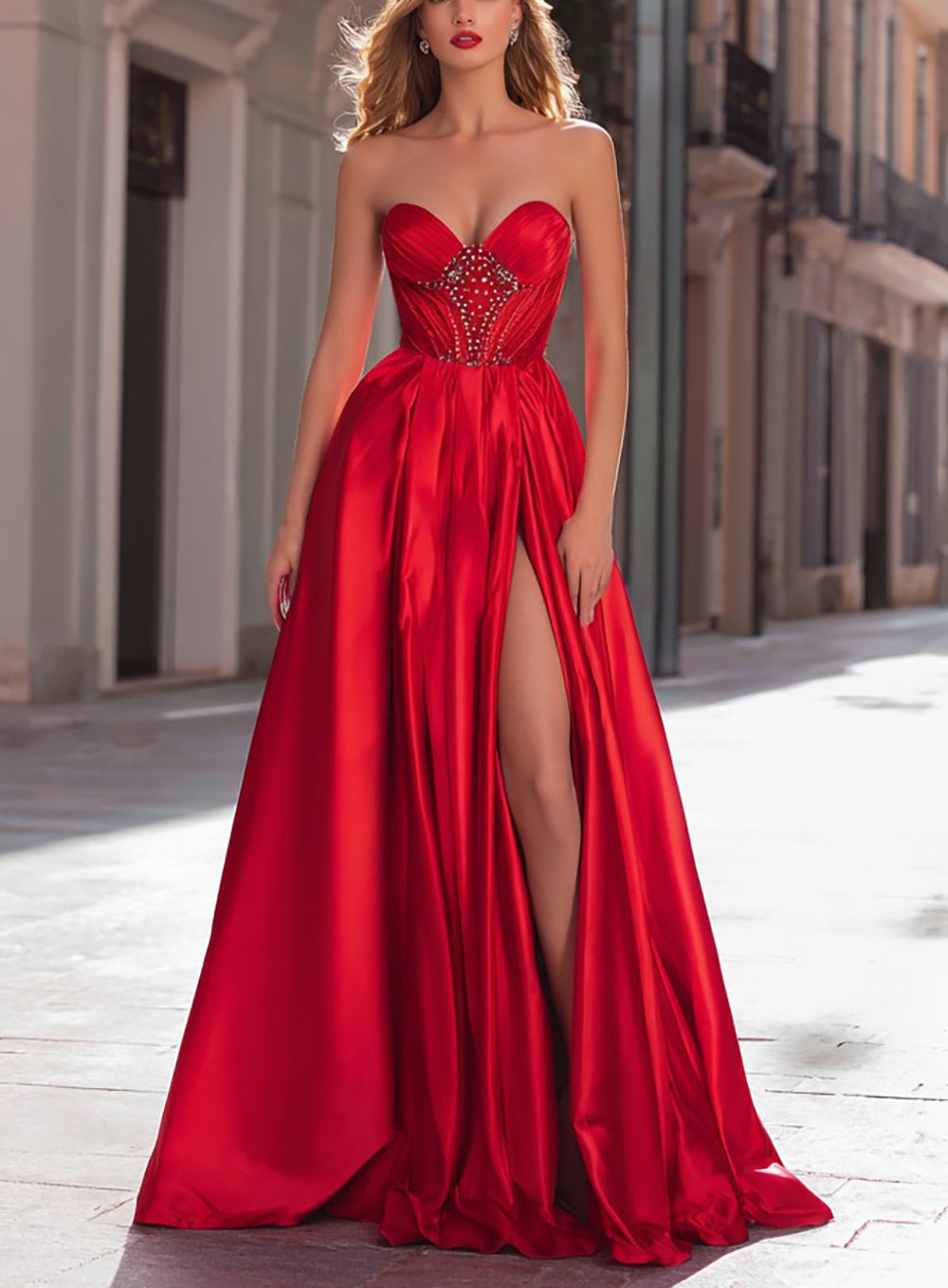 Sparkly Red Satin Beaded Strapless Long Prom Dress with Slit