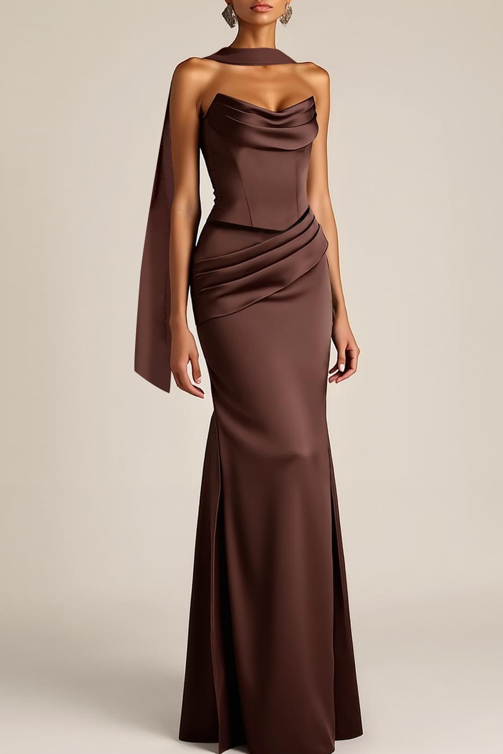 Evening Formal Dress Brown Strapless Satin Maxi Dress with Scarf