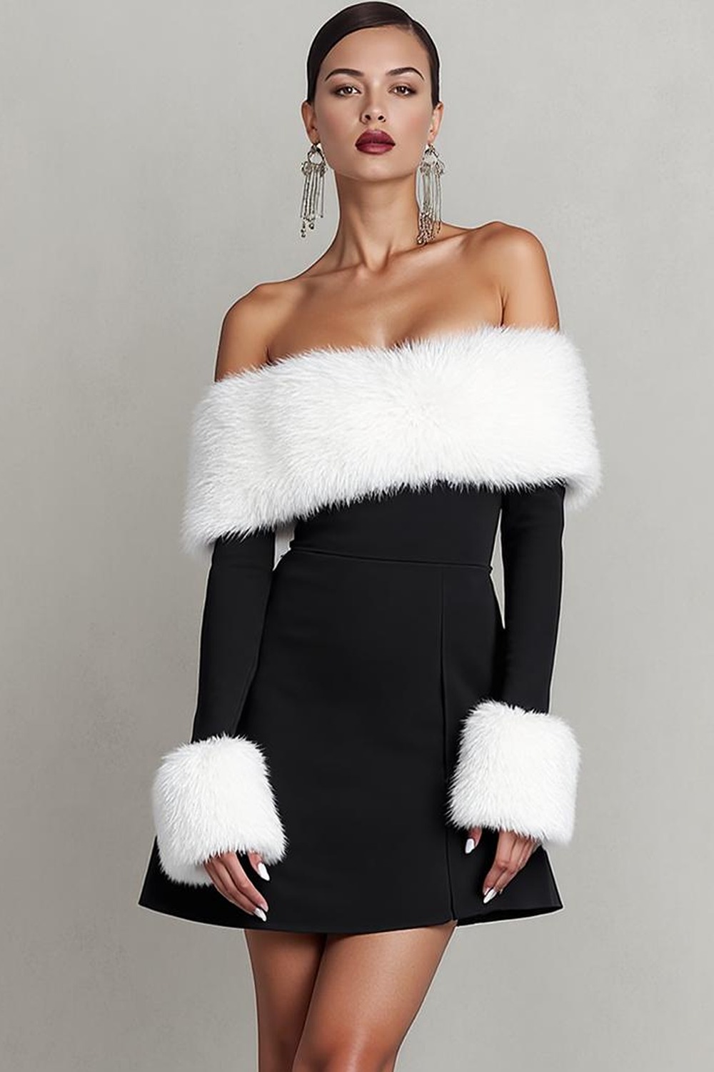 Formal Party Dress Black Off the Shoulder Long Sleeves Mini Dress