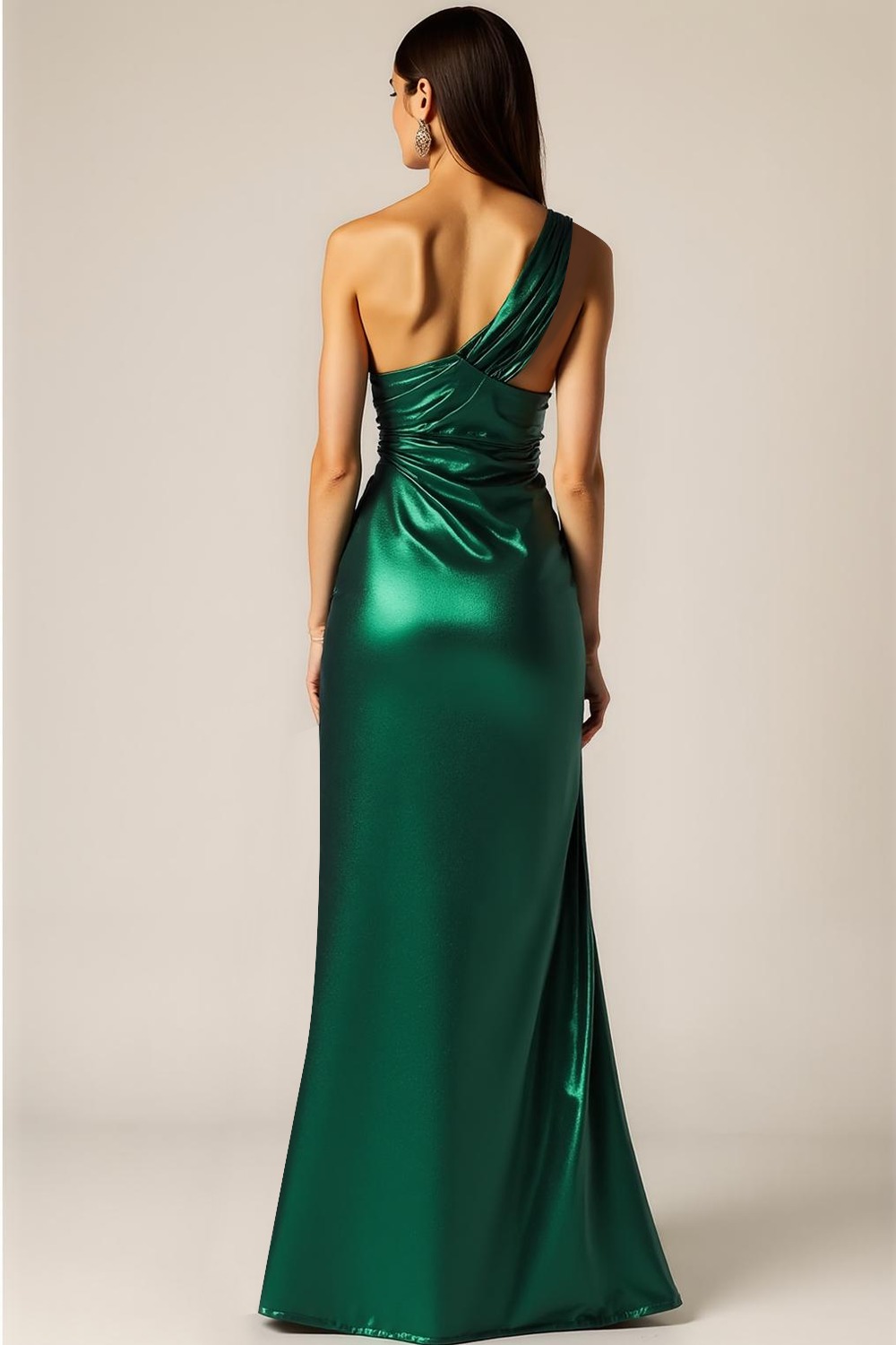 Formal Dress Emerald Green Metallic Satin One Shoulder Slit Maxi Dress