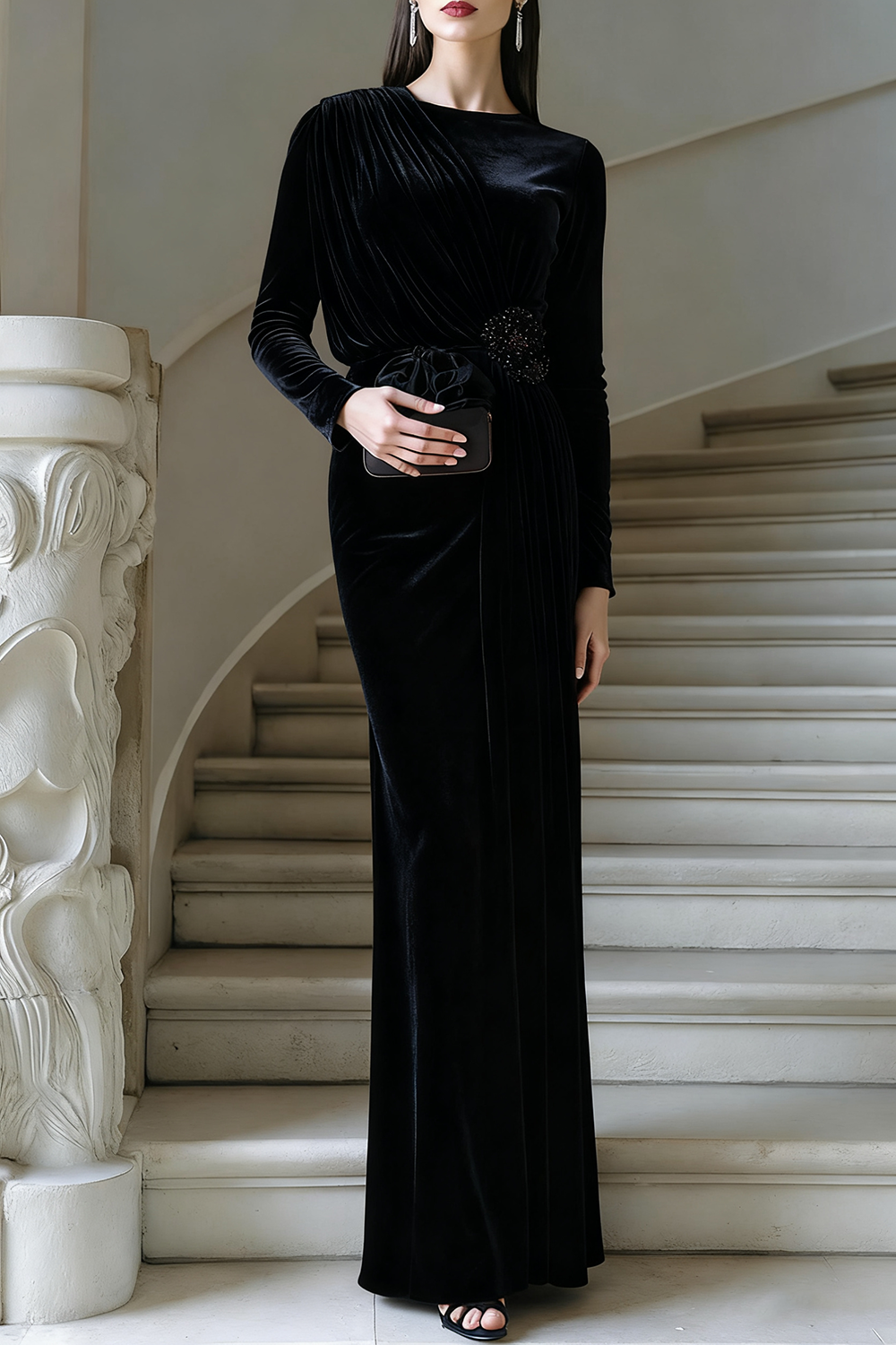 Formal Dress Red Crew Neck Long Sleeve Chiffon Maxi Dress