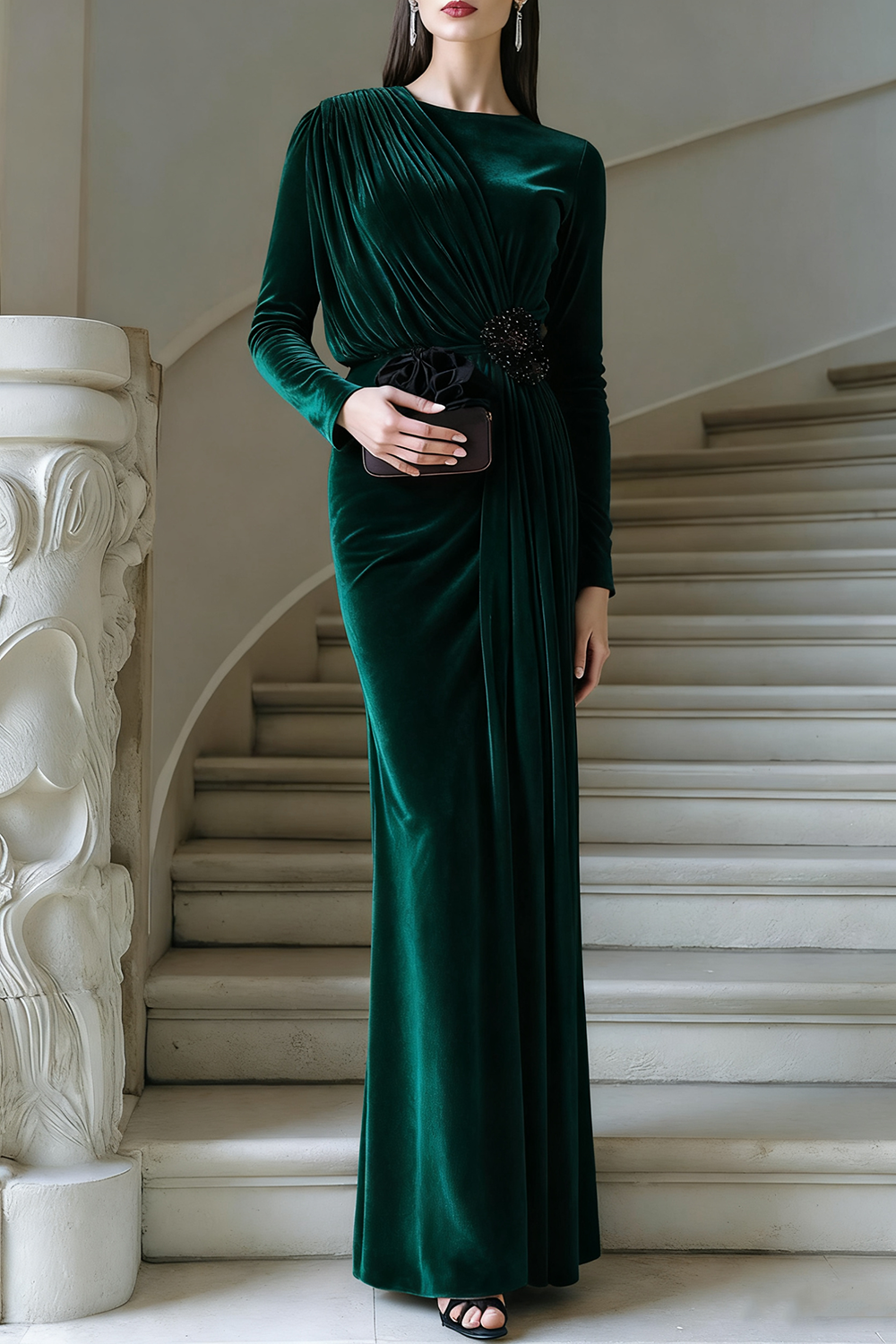 Formal Dress Red Crew Neck Long Sleeve Chiffon Maxi Dress