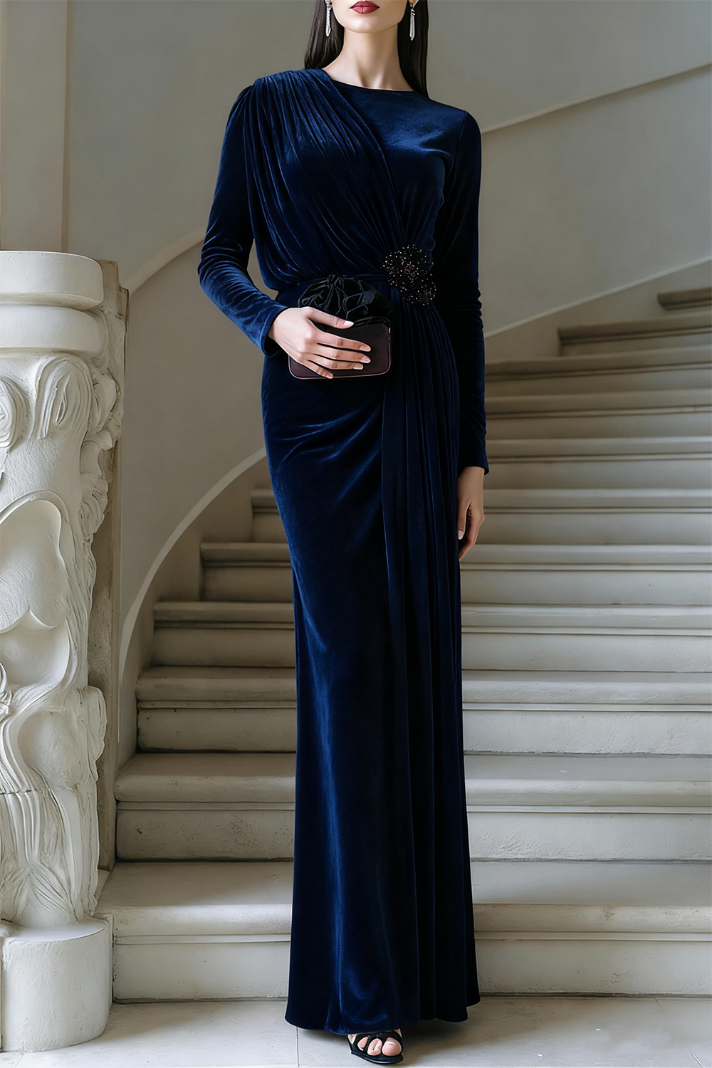 Formal Dress Red Crew Neck Long Sleeve Chiffon Maxi Dress