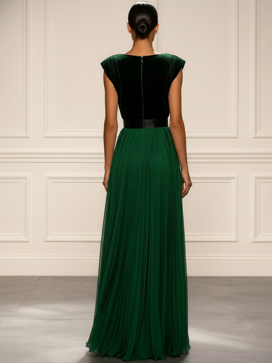 Green Ruched Split Joint Velvet V Neck Sleeveless A-Line Maxi Dress