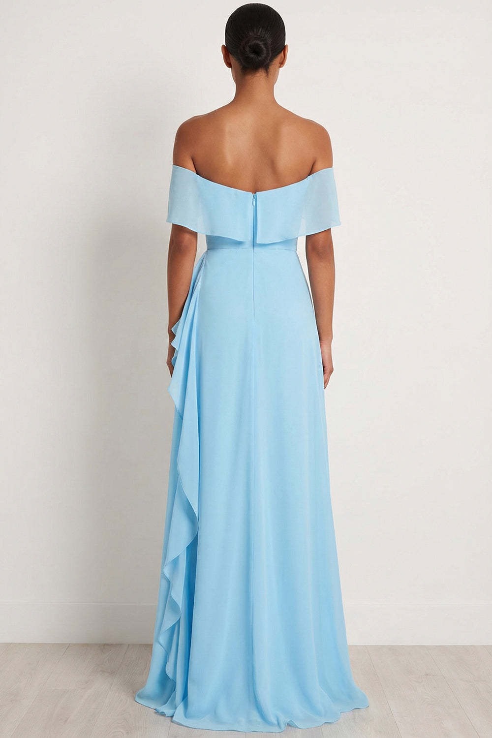 Chiffon A Line Sea Glass Chiffon Off the Shoulder Long Bridesmaid Dress