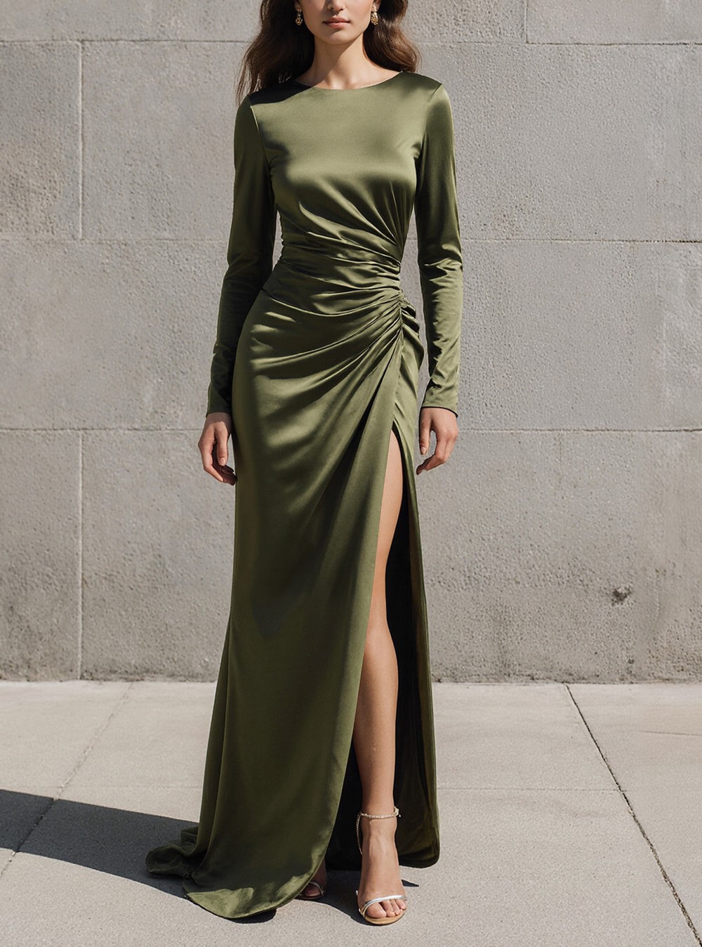 Olive Boat Neck Satin Mermaid Long Sleeves Evening Dress with Slit