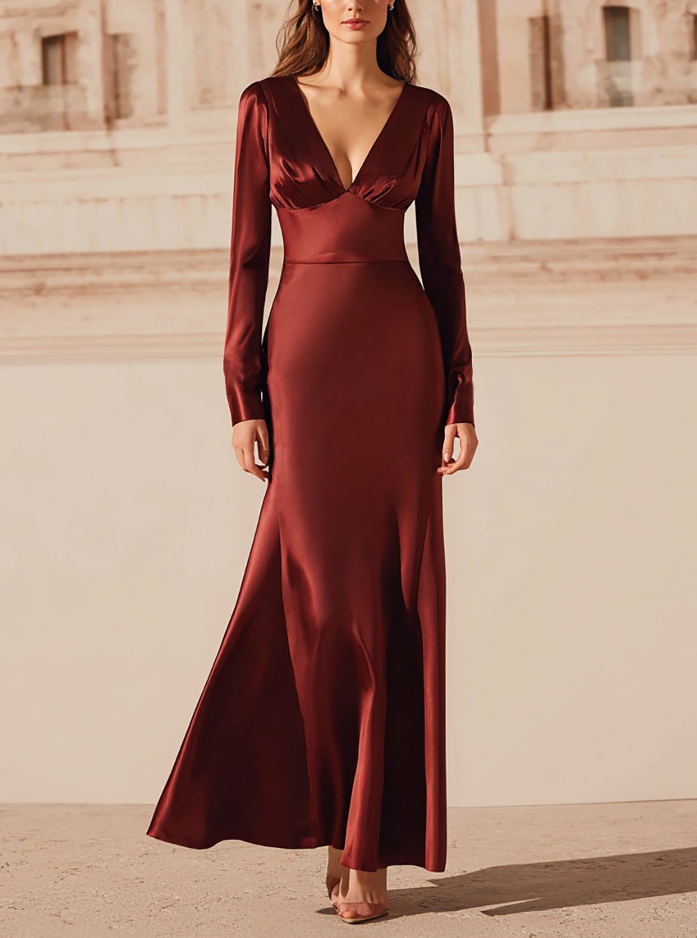 Burgundy Satin V-Neck Mermaid Long Evening Dress with Sleeves