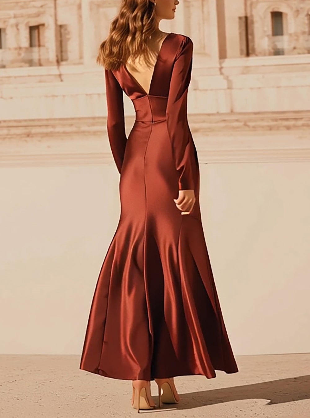 Burgundy Satin V-Neck Mermaid Long Evening Dress with Sleeves