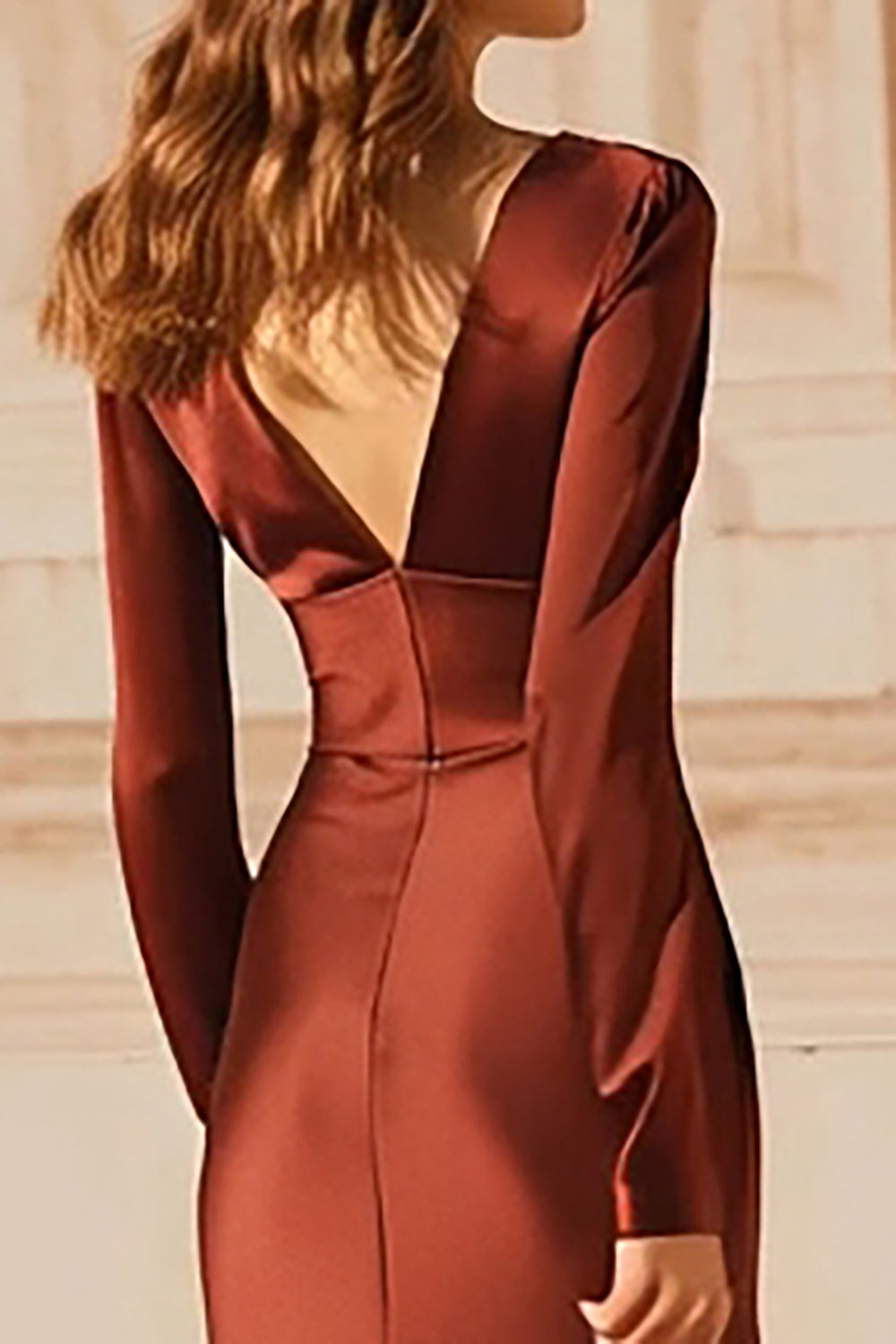Burgundy Satin V-Neck Mermaid Long Evening Dress with Sleeves