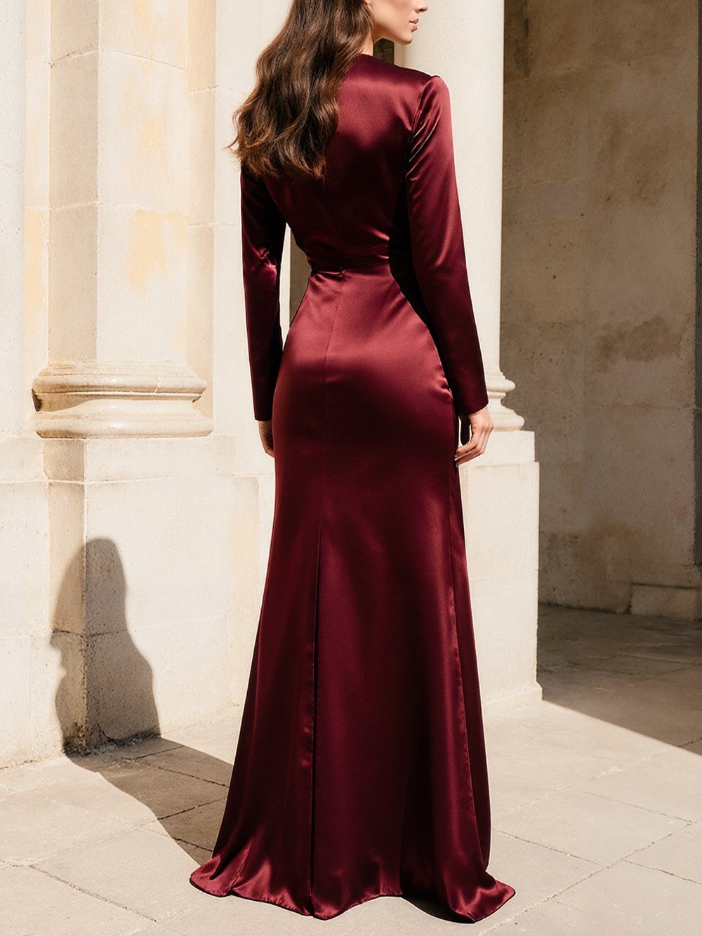 Burgundy Satin V-Neck Mermaid Long Sleeves Evening Dress