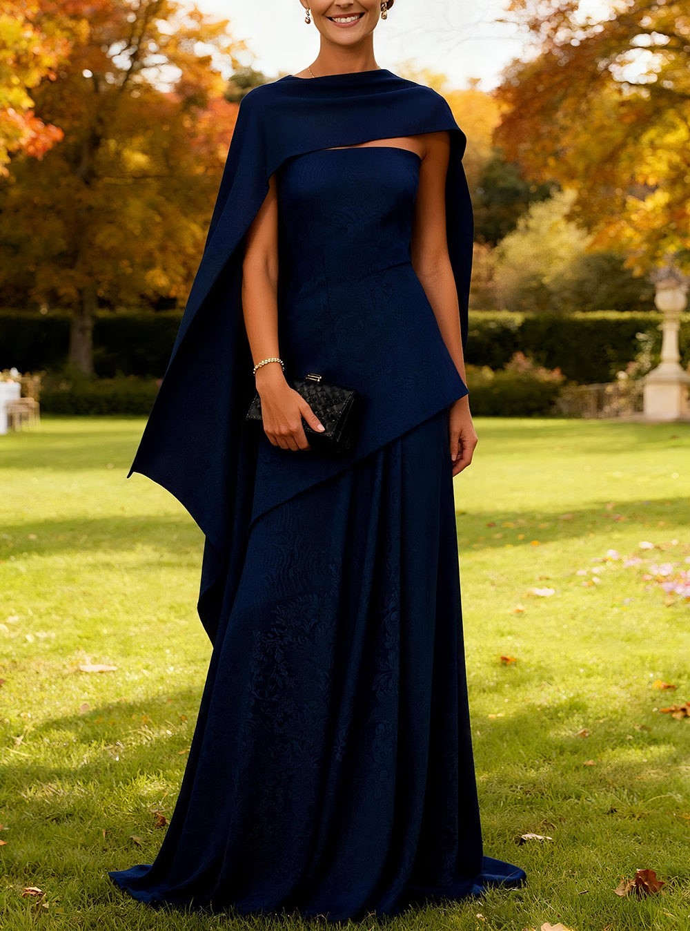 Navy Sheath Strapless Long Wedding Guest Dress with Cape