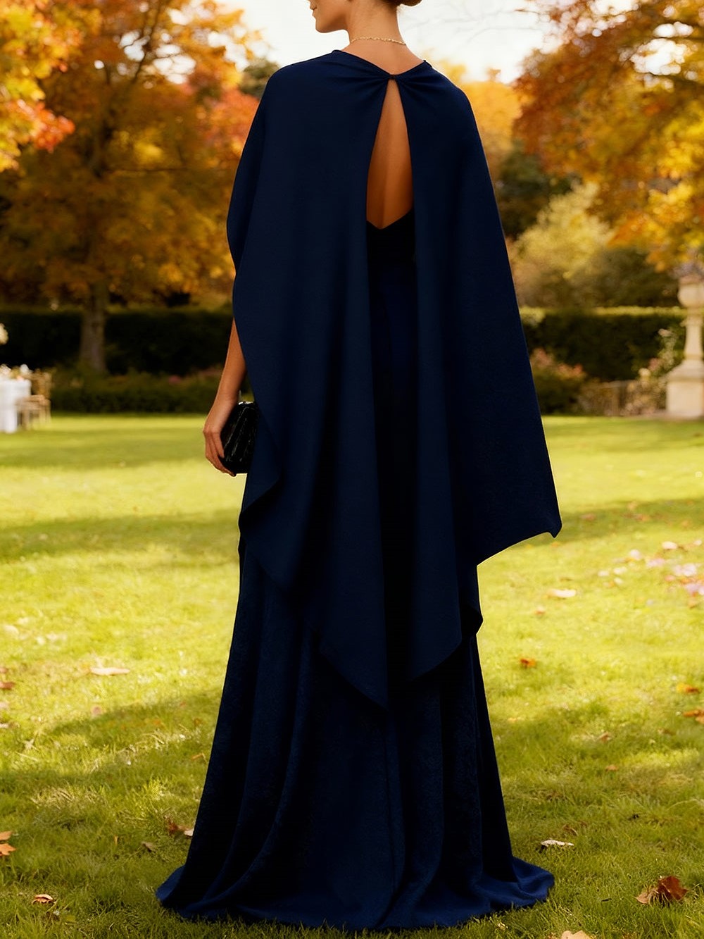 Navy Sheath Strapless Long Wedding Guest Dress with Cape