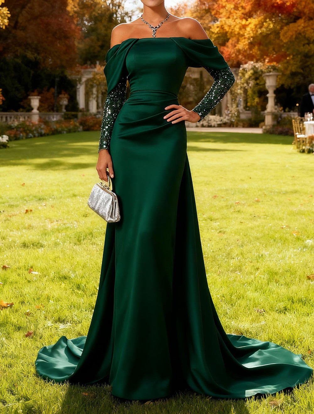  Sparkly Dark Green Mermaid Off the Shoulder Long Wedding Guest Dress with Cape