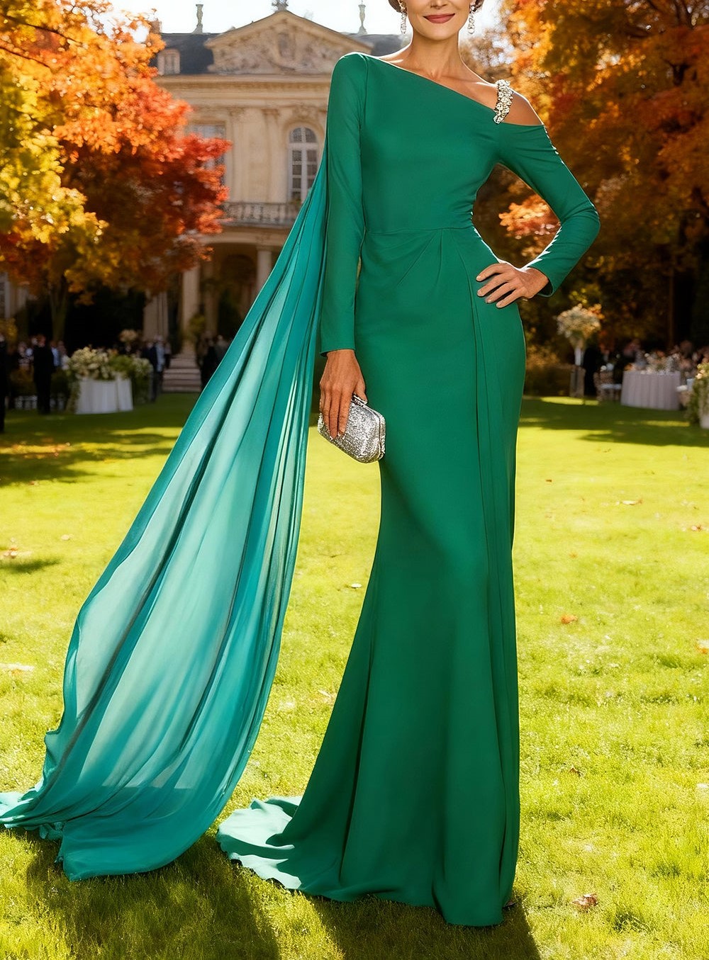 Sparkly Green Mermaid Long Sleeves Wedding Guest Dress with Cape