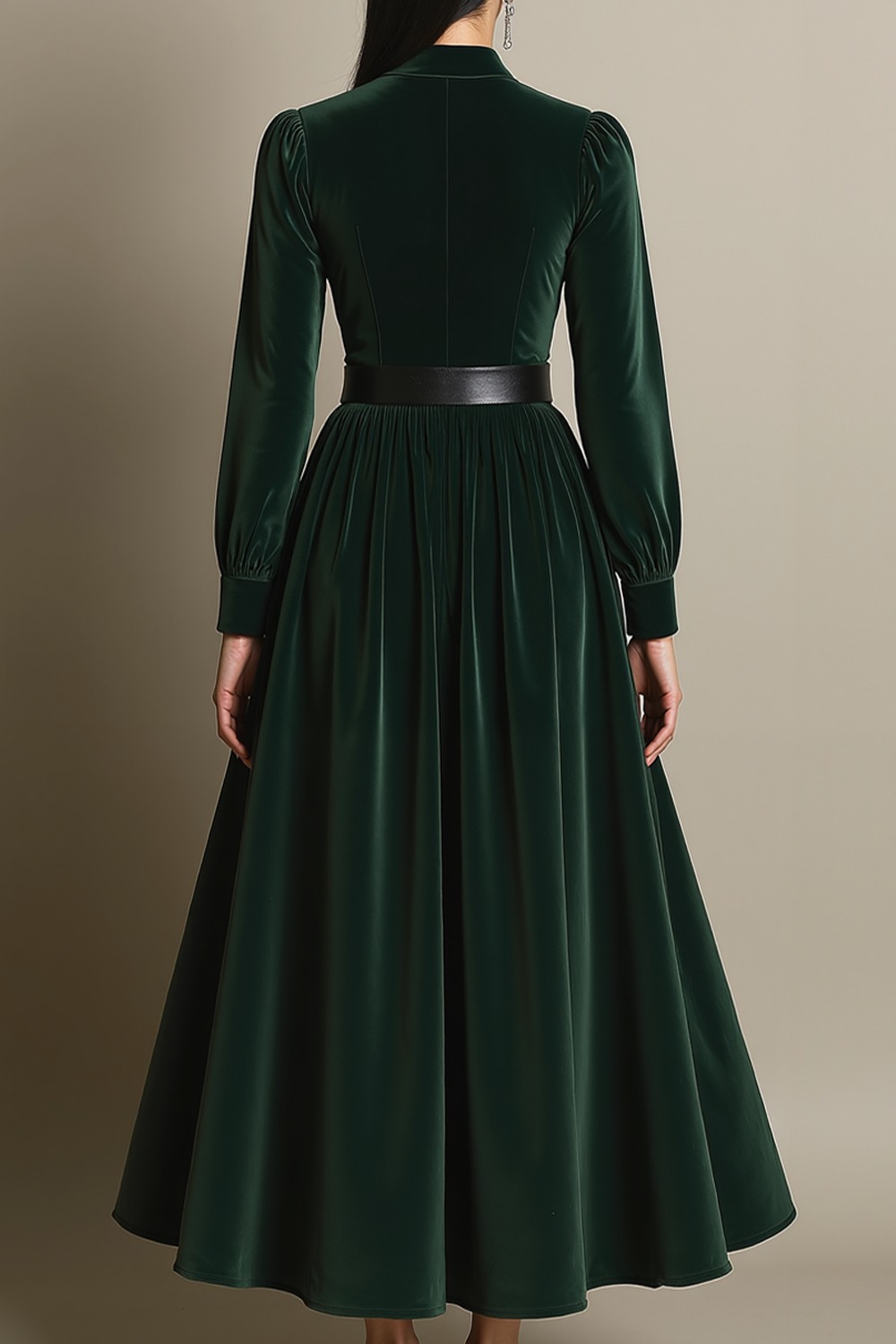 Evening Formal Dress Dark Green Long Sleeve Velvet Belted Ankle-Length Dress