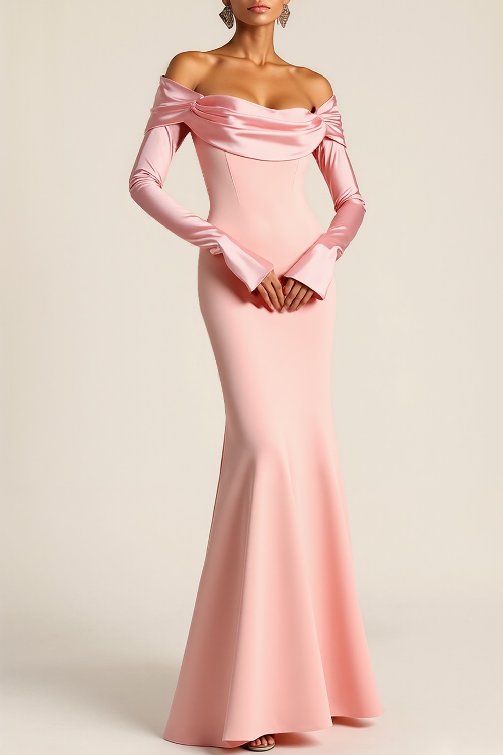 Pink Formal Dress Mermaid Off the Shoulder Satin Maxi Dress