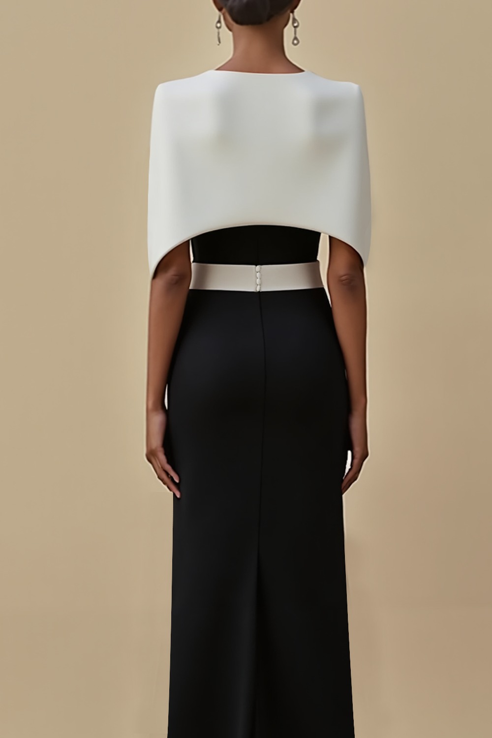 Formal Evening Dress Black&White Sheath Cape Maxi Dress with Slit