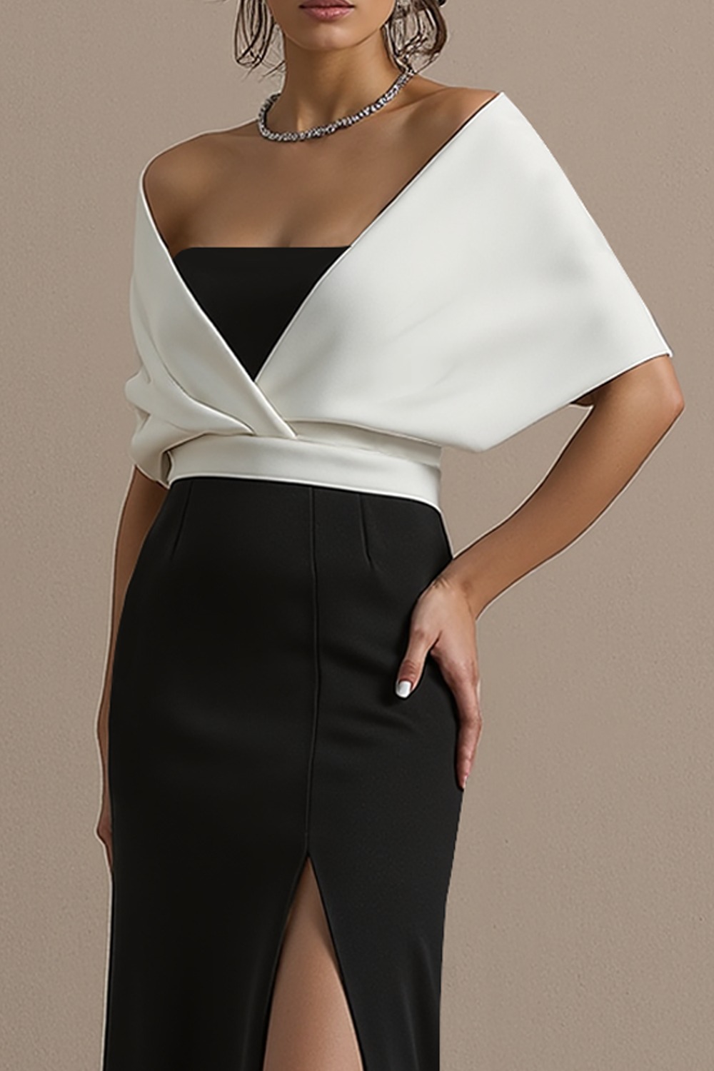 Formal Evening Dress Black&White Sheath Cape Maxi Dress with Slit