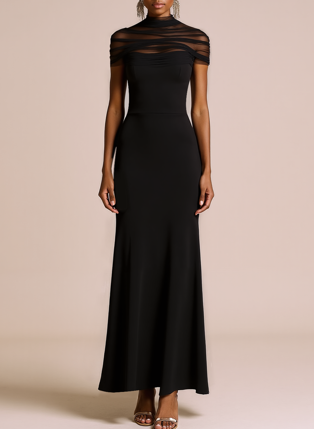 Black Maxi Illusion Neck Mermaid Formal Dress with Sleeves