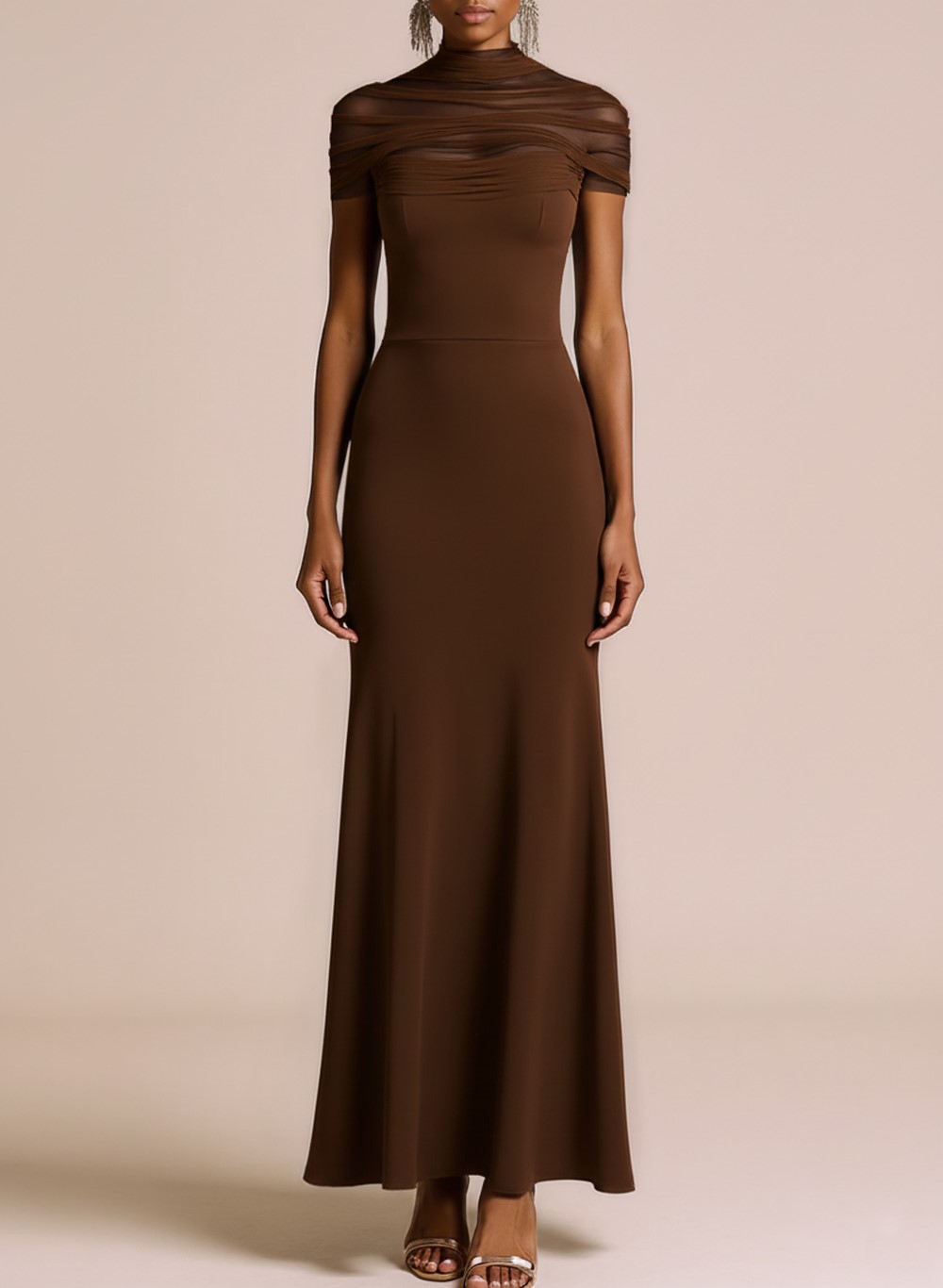 Black Maxi Illusion Neck Mermaid Formal Dress with Sleeves