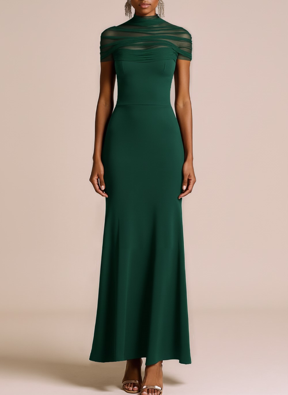 Black Maxi Illusion Neck Mermaid Formal Dress with Sleeves