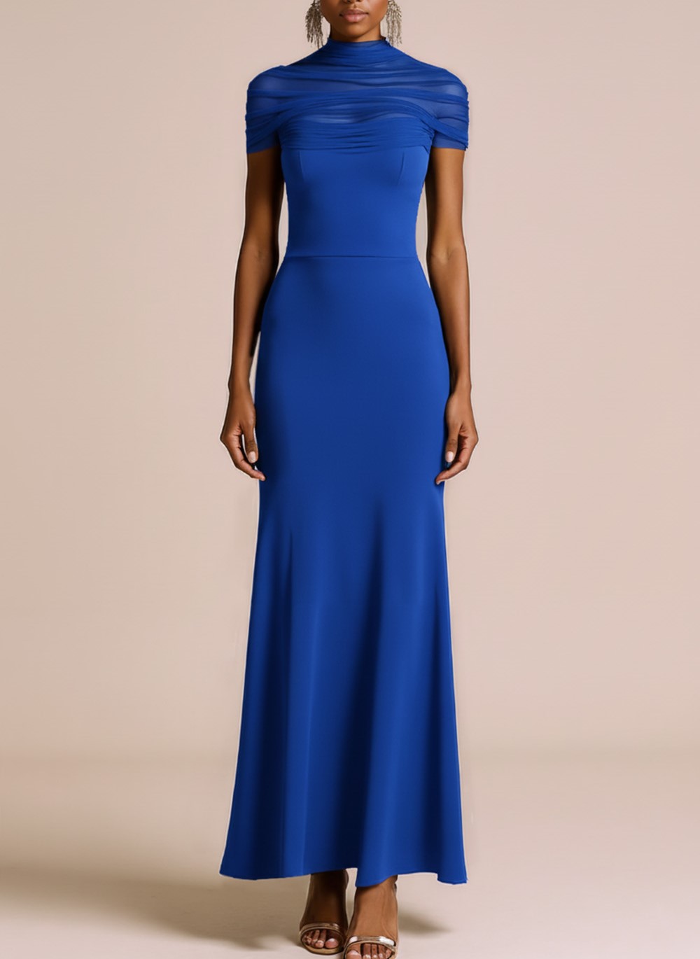 Black Maxi Illusion Neck Mermaid Formal Dress with Sleeves