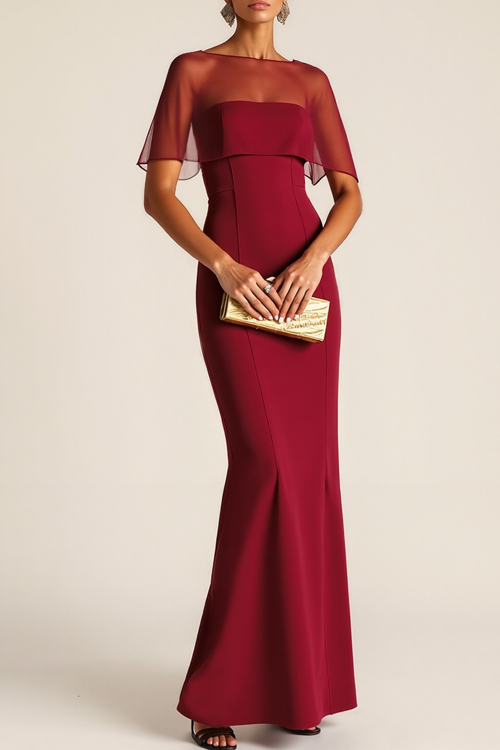 Evening Formal Dress Burgundy Sheath Strapless Cape Maxi Dress