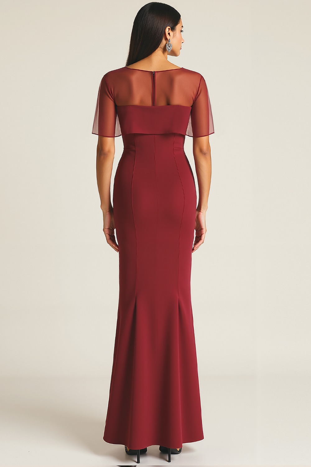 Evening Formal Dress Burgundy Sheath Strapless Cape Maxi Dress