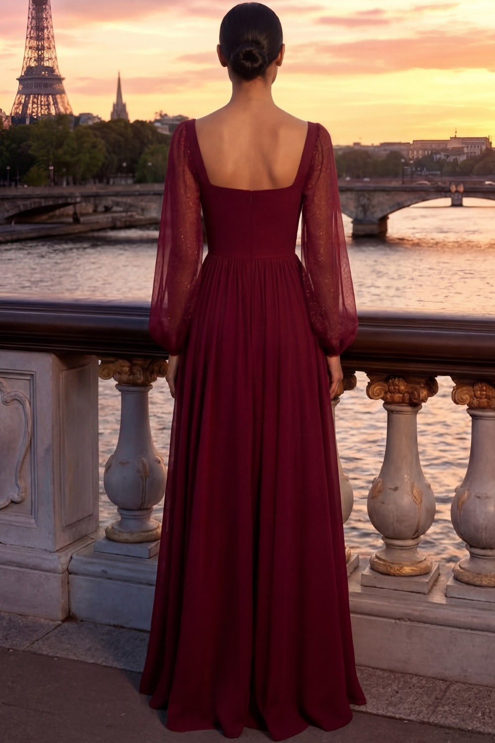 Burgundy Formal Evening Dress Square Neck Chiffon Maxi Dress