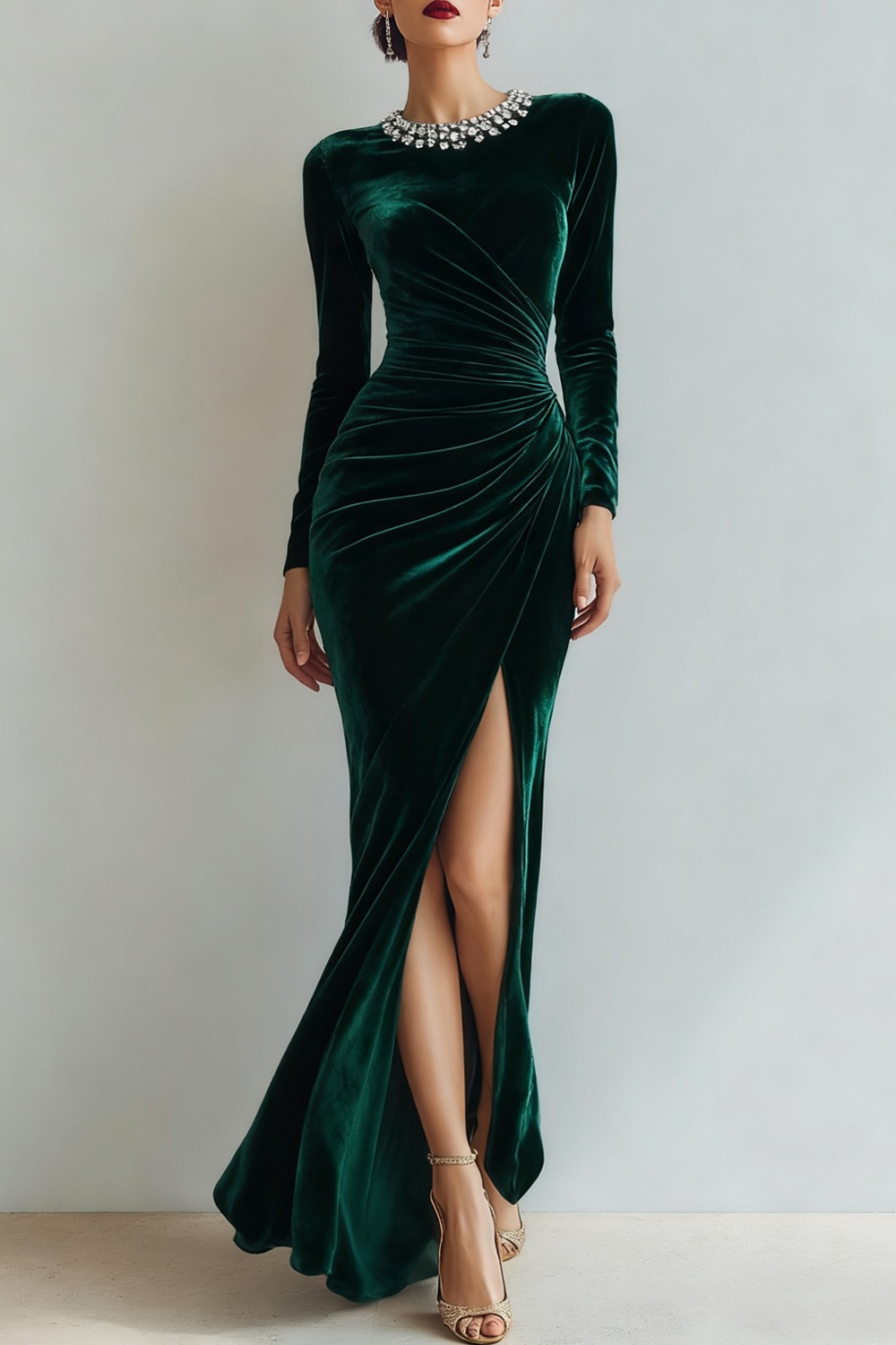 Dark Green Formal Dress Crew Neck Velvet Maxi Dress with Slit