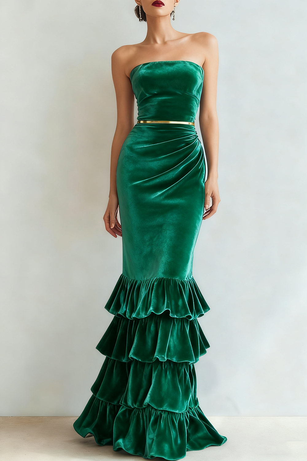 Formal Dress Mermaid Navy Strapless Tiered Velvet Maxi Dress