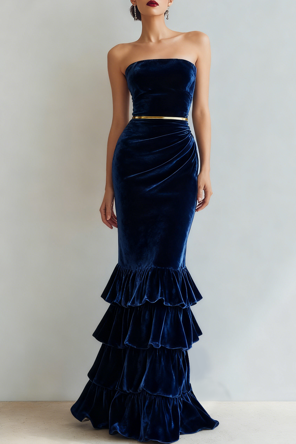 Formal Dress Mermaid Navy Strapless Tiered Velvet Maxi Dress