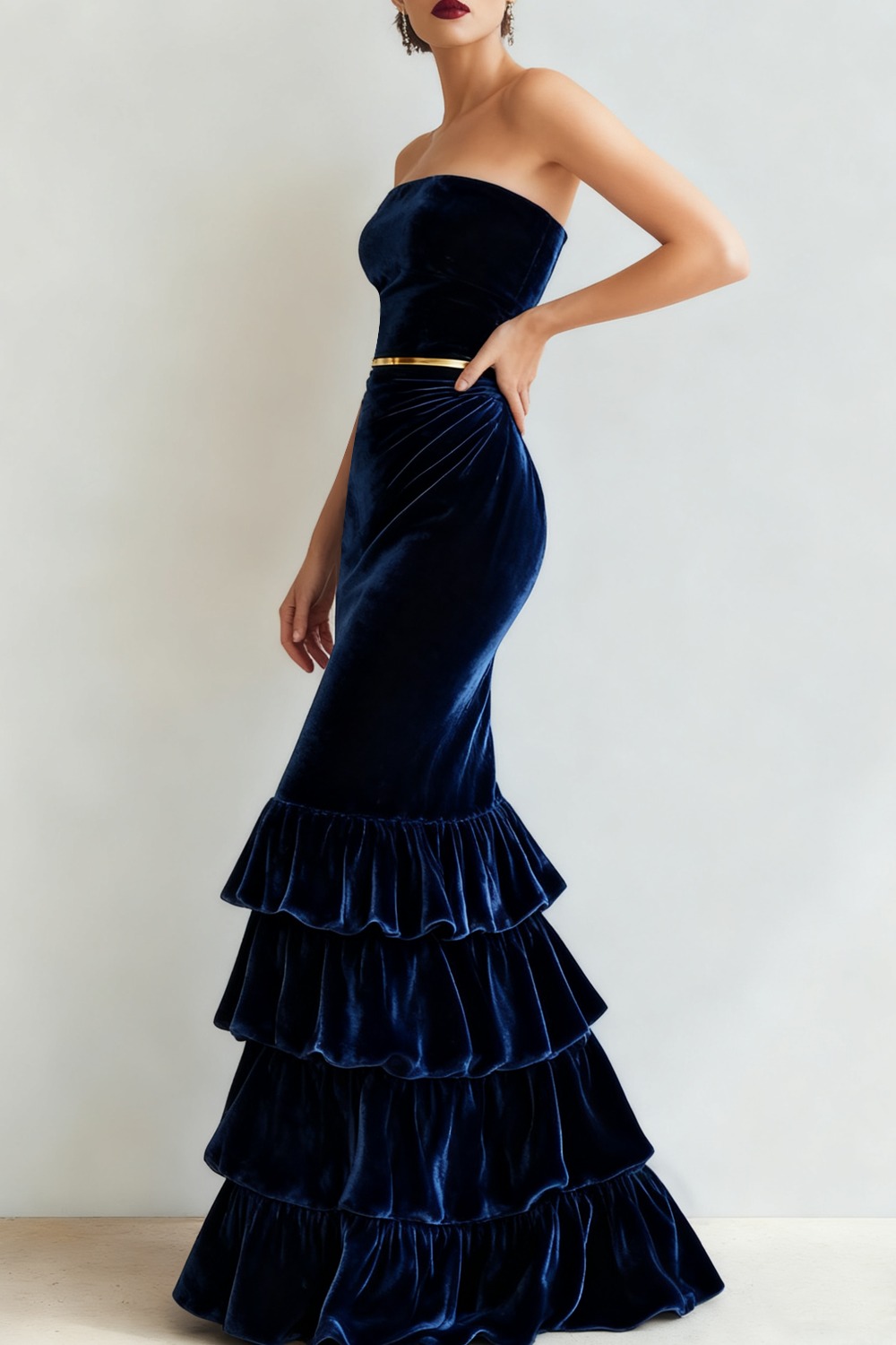 Formal Dress Mermaid Navy Strapless Tiered Velvet Maxi Dress