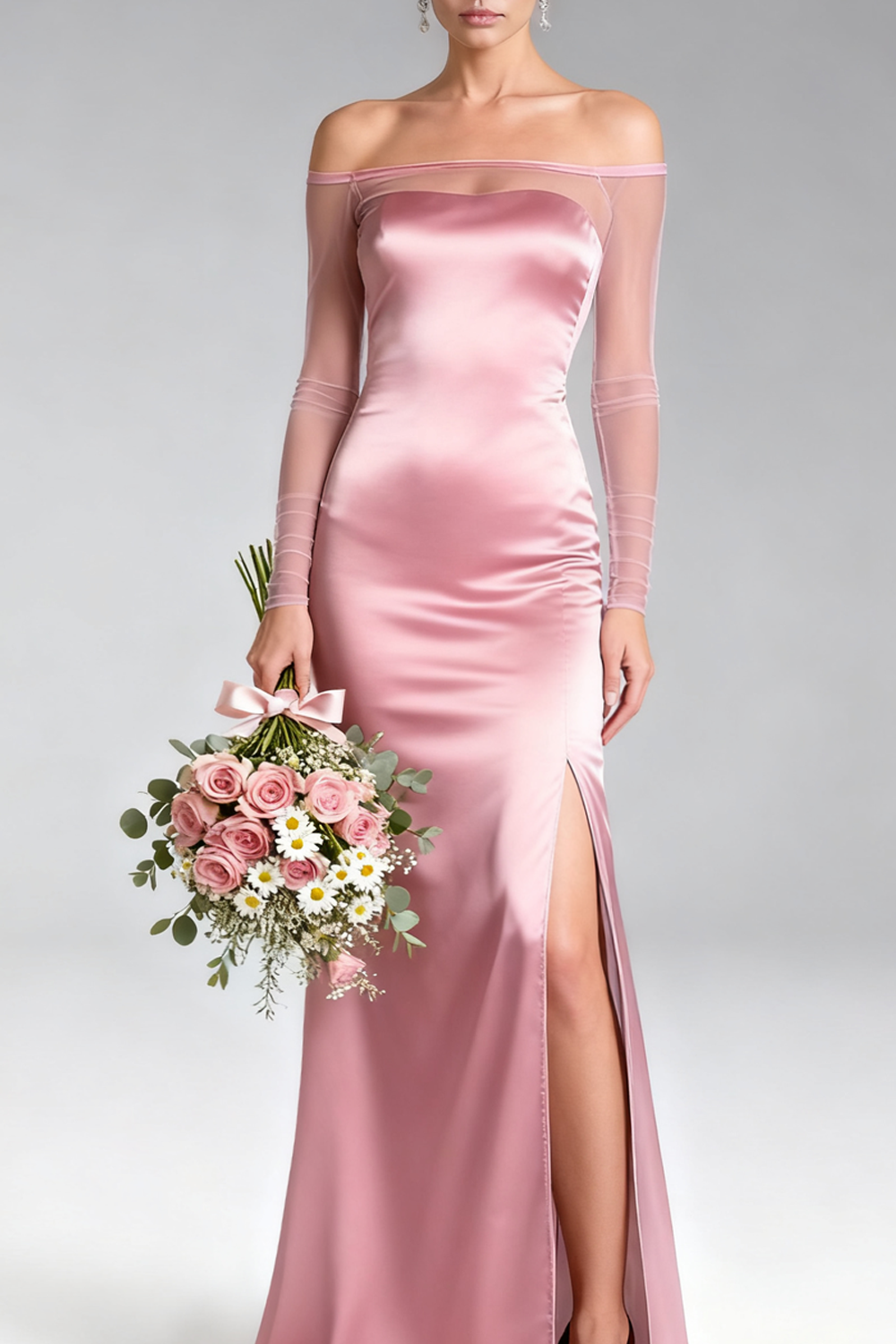 Formal Dress Pink Off the Shoulder Satin Maxi Dress with Slit