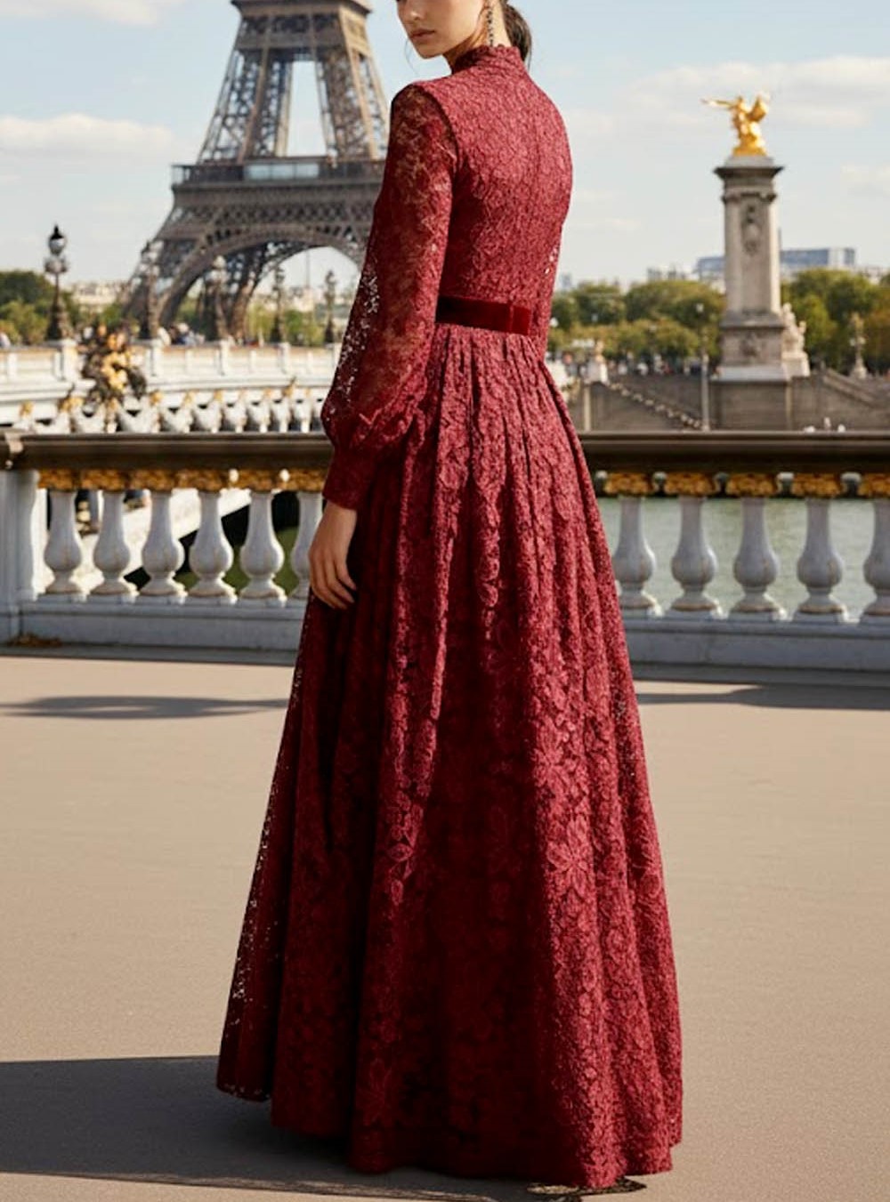 Burgundy Formal Dress A-Line High Neck Long Sleeve Lace Maxi Dress