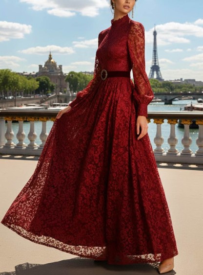 Burgundy Formal Dress A-Line High Neck Long Sleeve Lace Maxi Dress
