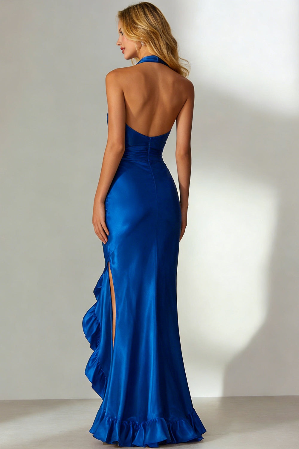 Royal Blue Halter Neck Ruffled Mermaid Long Wedding Guest Dress with Slit