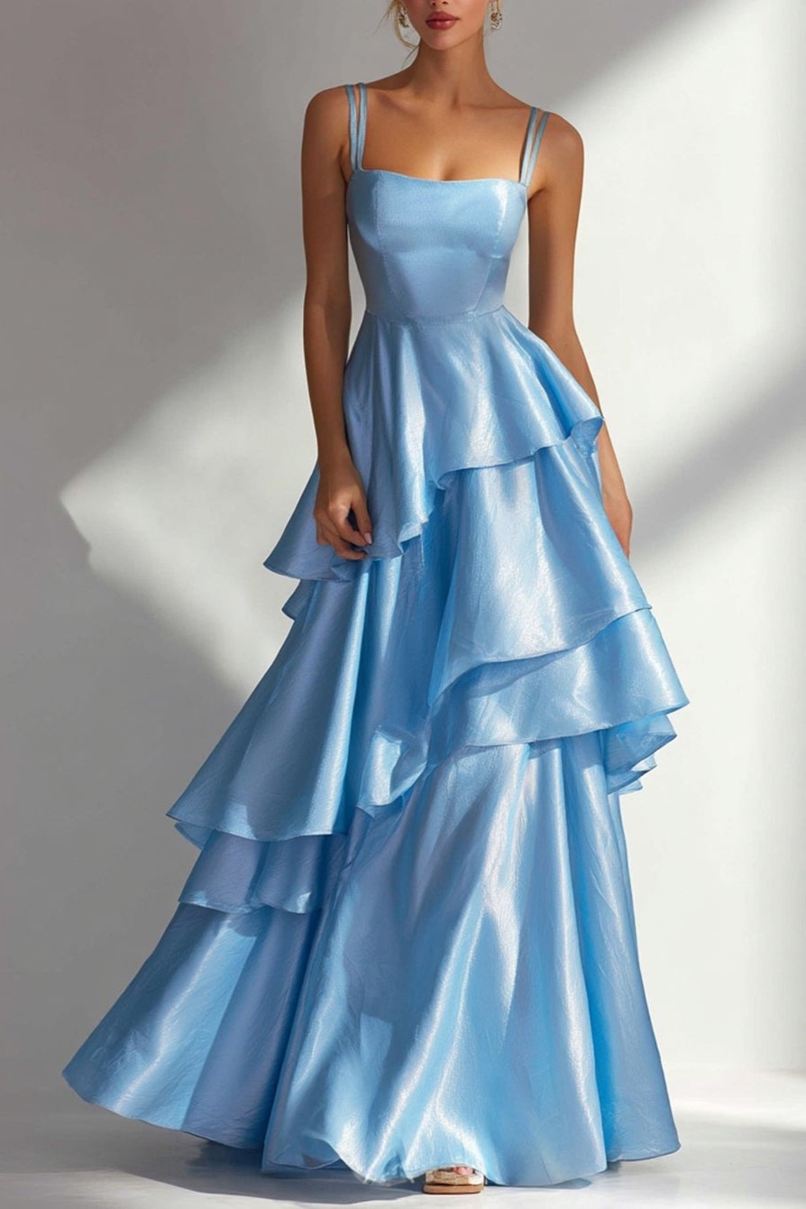 Light Blue A Line Ruffled Square Neck Long Wedding Guest Dress