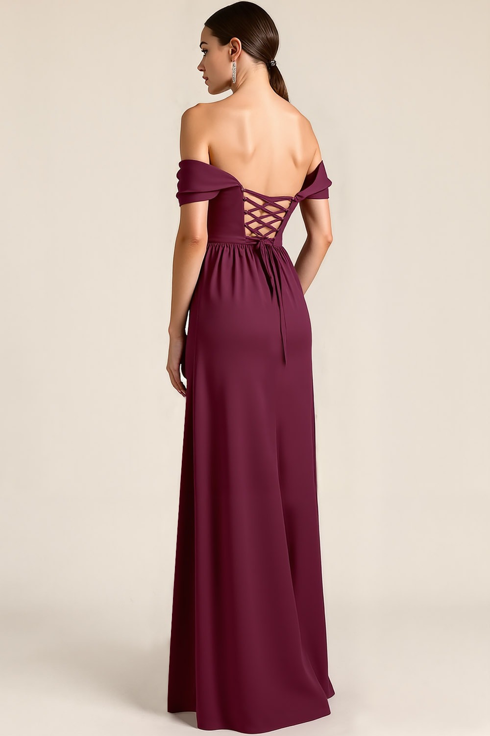 Burgundy Formal ​Wedding Bridesmaid Dress A-Line Lace-Up Maxi Dress