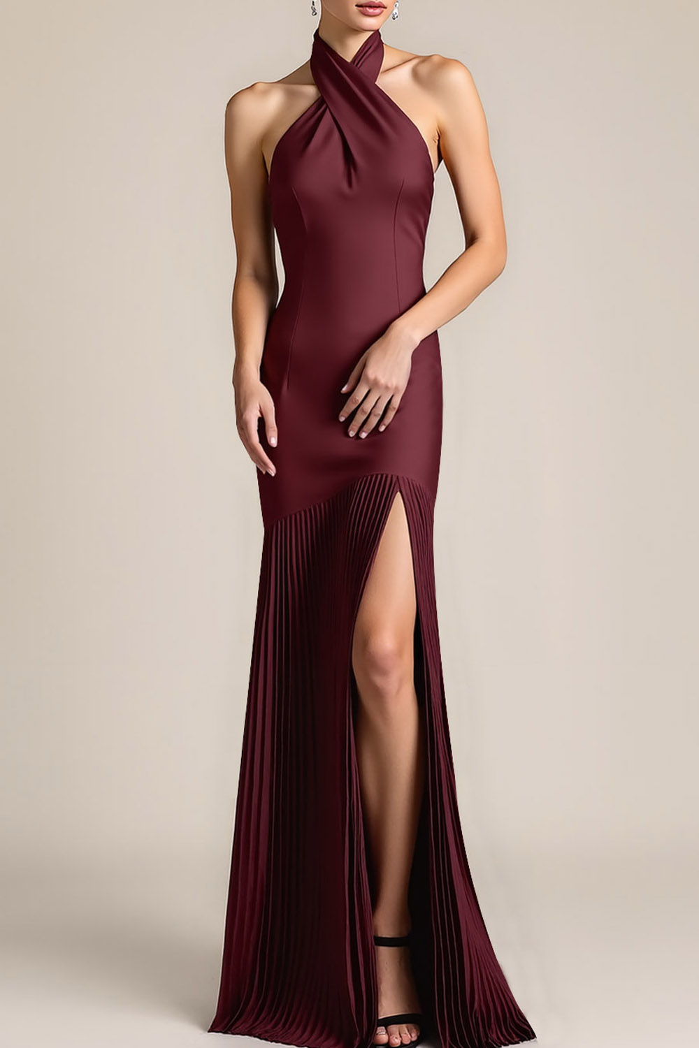 Formal ​Wedding Bridesmaid Dress Burgundy Halter Pleated Maxi Dress with Slit
