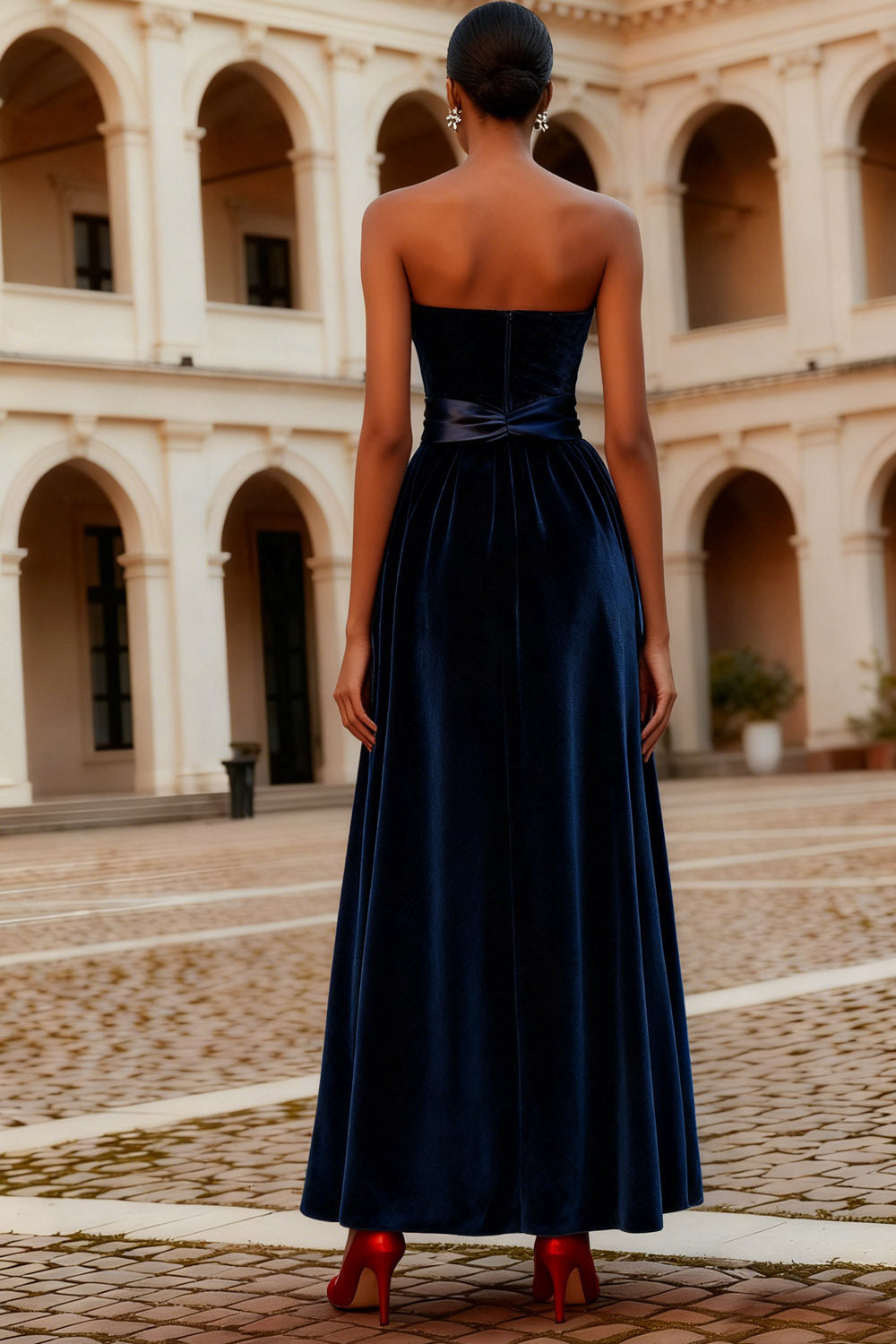 Navy A-Line Strapless Velvet Long Formal Dress with Bow