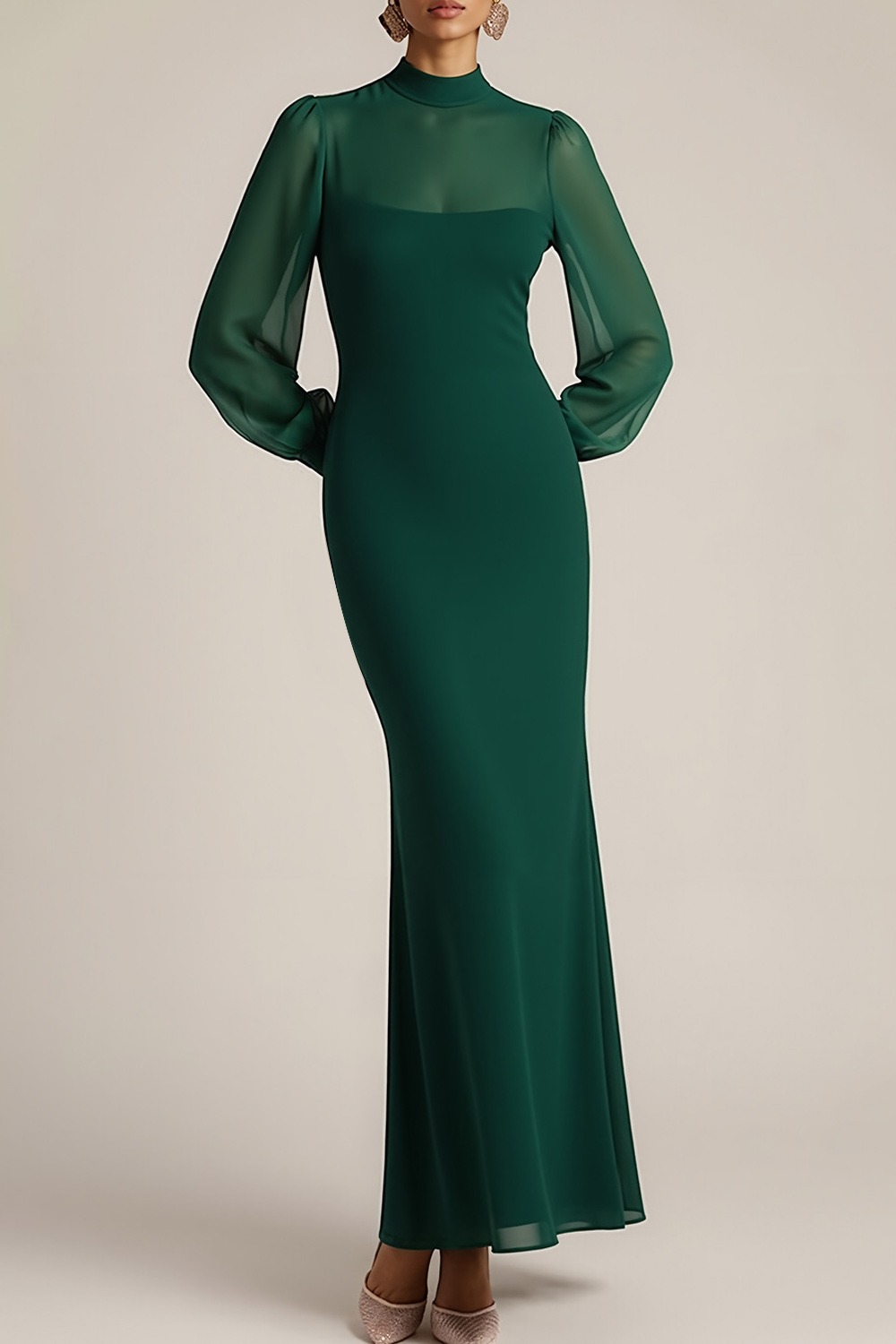 Emerald Green Formal Evening Dress High Neck Chiffon Maxi Dress